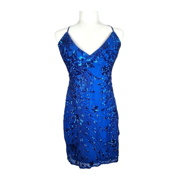 Lulu's Keep Glowing Blue Floral Sequin Mini Dress XL Cocktail Party Dance Formal - Picture 3 of 11
